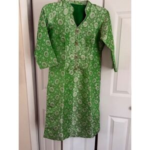 Green and Gold Boho Tunic Dress with Side Slits‎ and Gold Tassel Detail